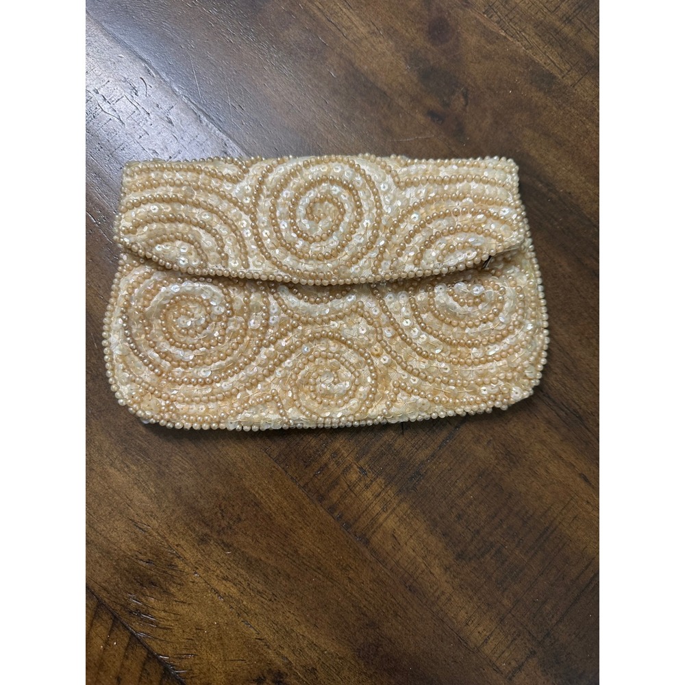 Vintage Handmade Japan Beaded Sequin Swirl Clutch Bag Cream Pearl Wedding Formal